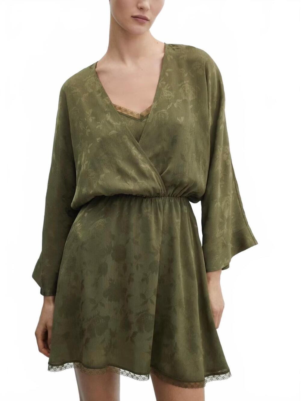 Mango Satin floral jacquard dress NWT Khaki Size 2 EUR XS